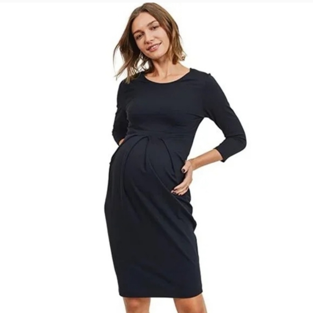 LaClef Knee Length Stretch Maternity Dress with Front Pleat 3/4 Sleeve Sz Medium